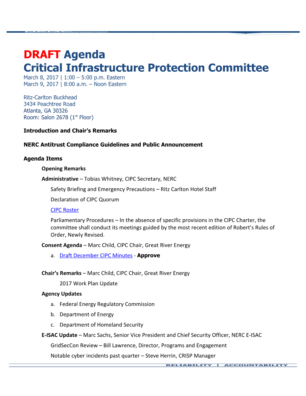 Draft CIPC Meeting Agenda - March 8-9 (Atlanta, GA)