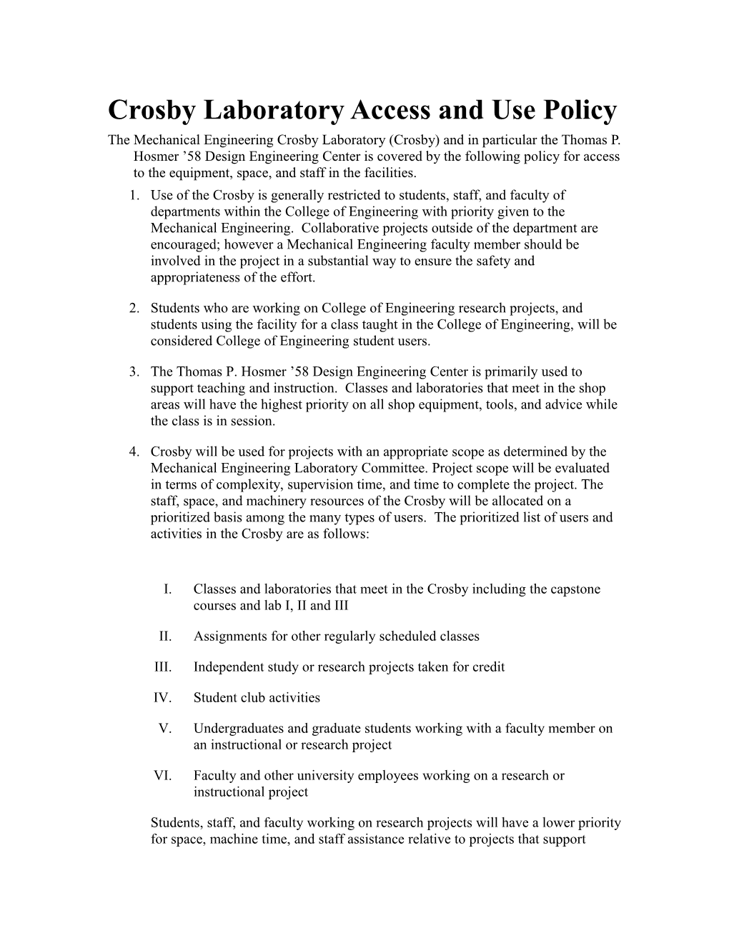 Crosby Laboratory Access and Use Policy
