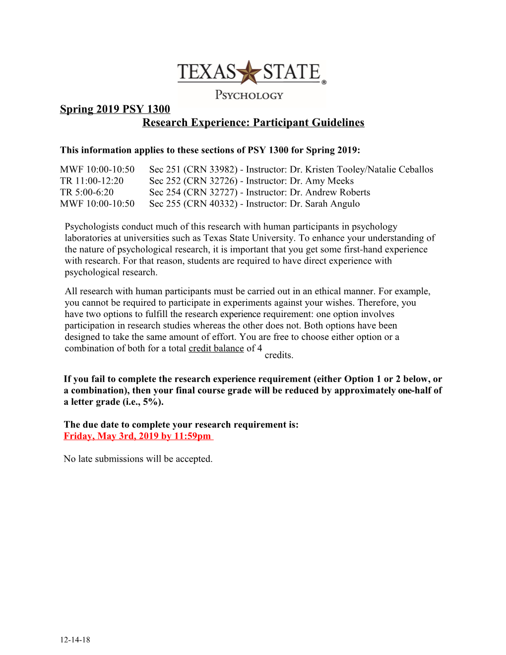 Spring 2019 PSY 1300 Research Experience: Participant Guidelines