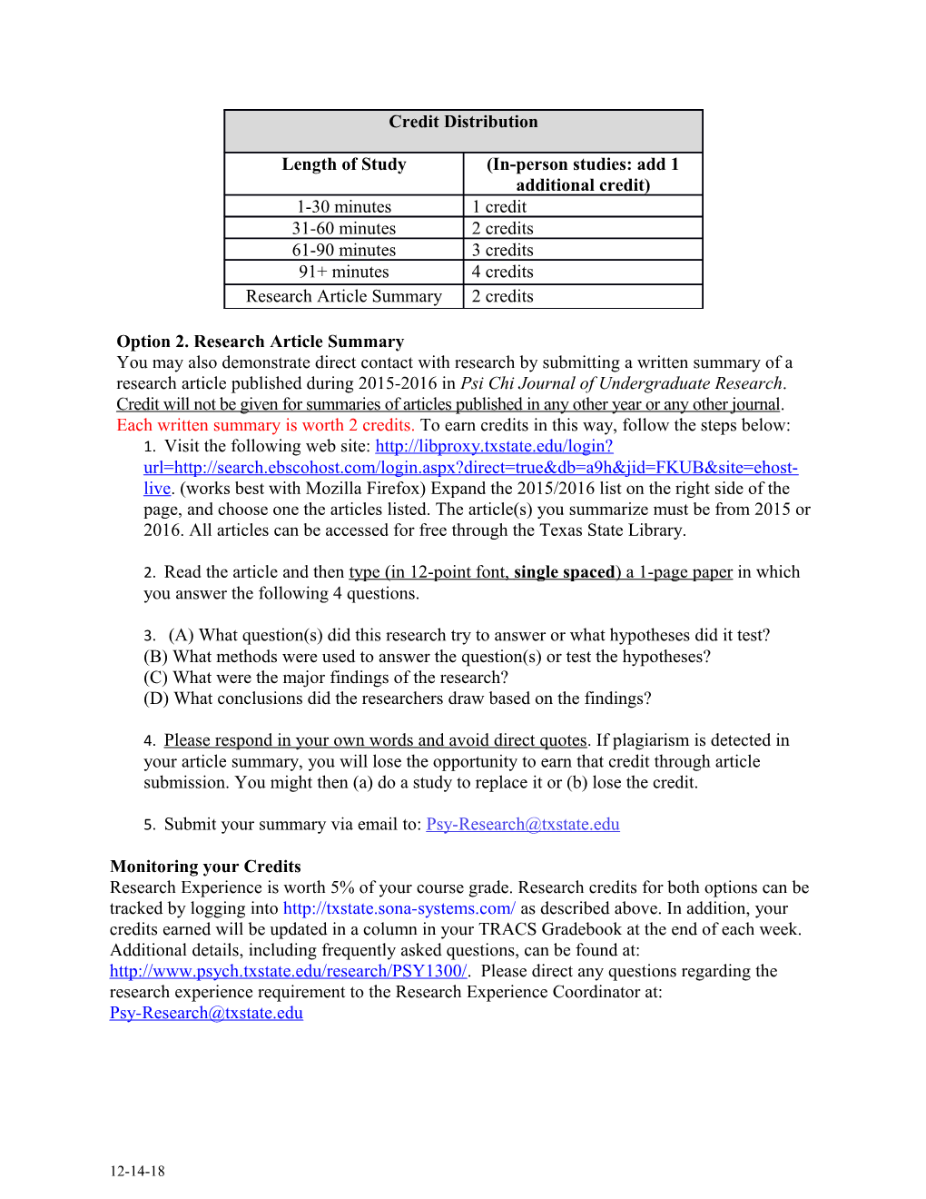 Spring 2019 PSY 1300 Research Experience: Participant Guidelines