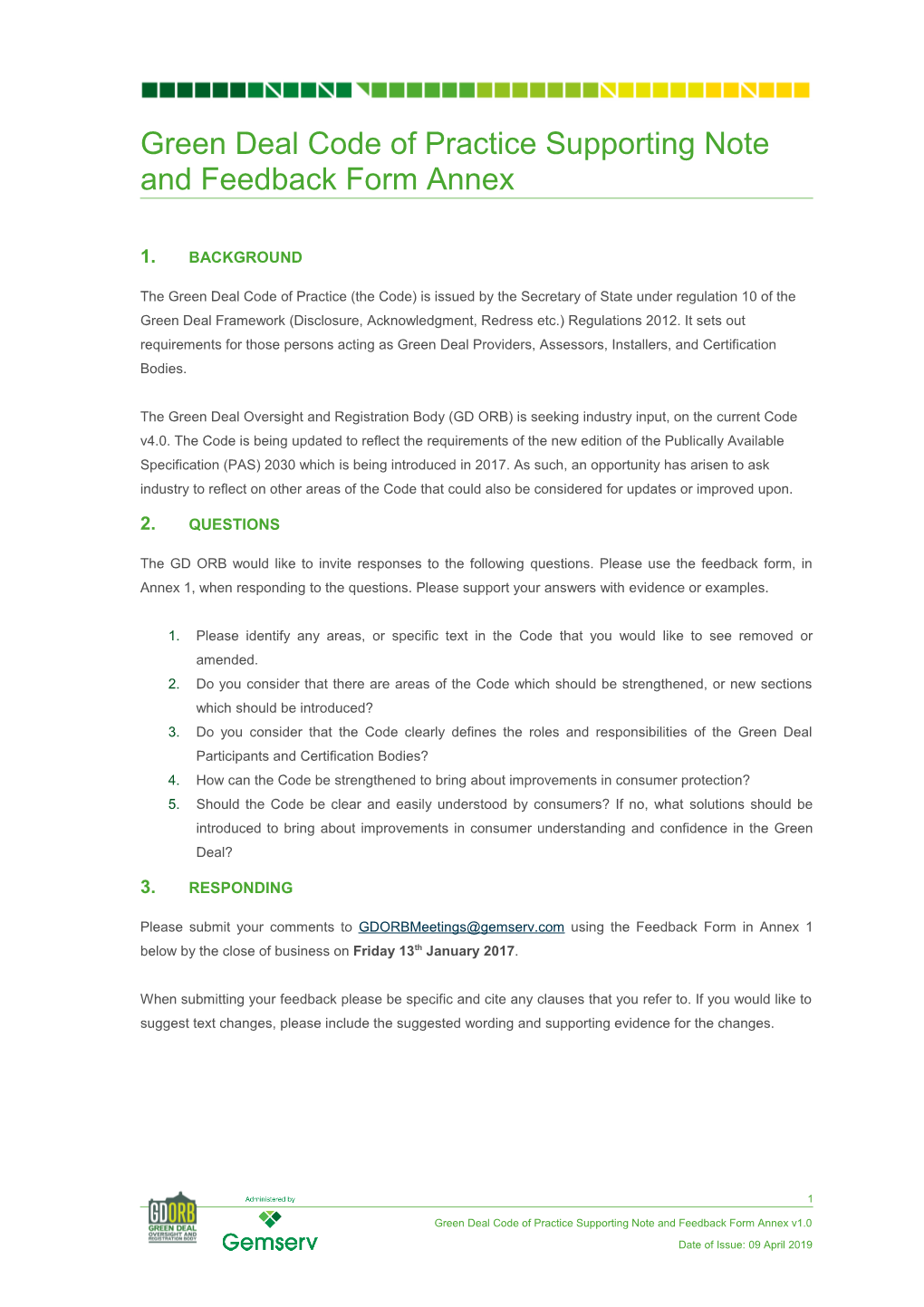 Green Deal Code of Practice Supporting Note and Feedback Form Annex