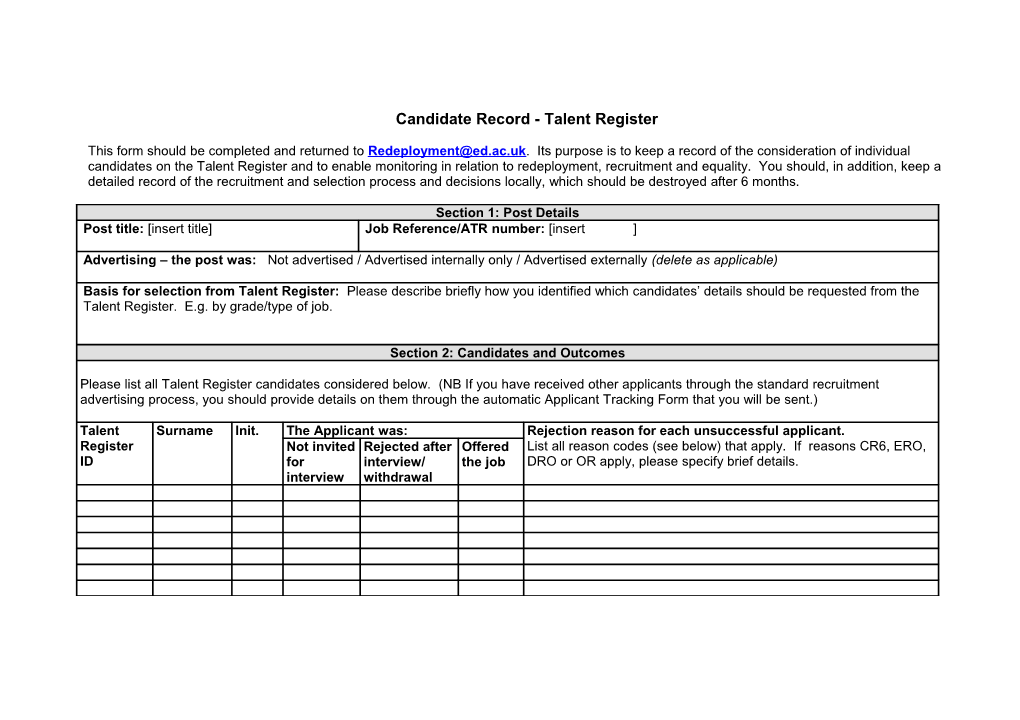 Applicant / Enquirer Tracking Form
