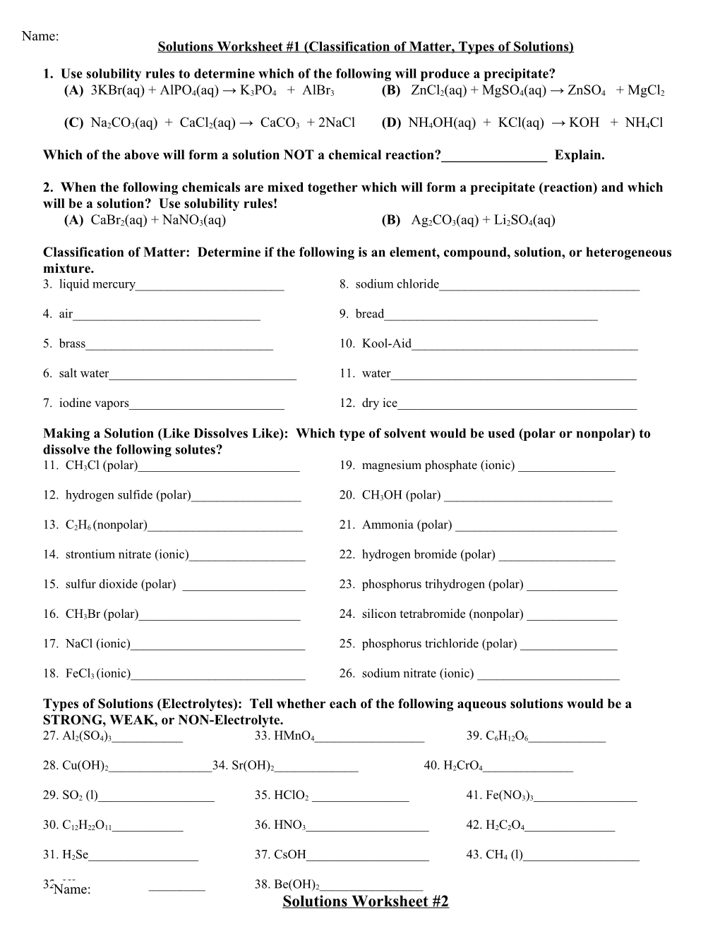 Solutions Worksheet #1 (Solutions, Electrolyte S, and Classification of Matter)
