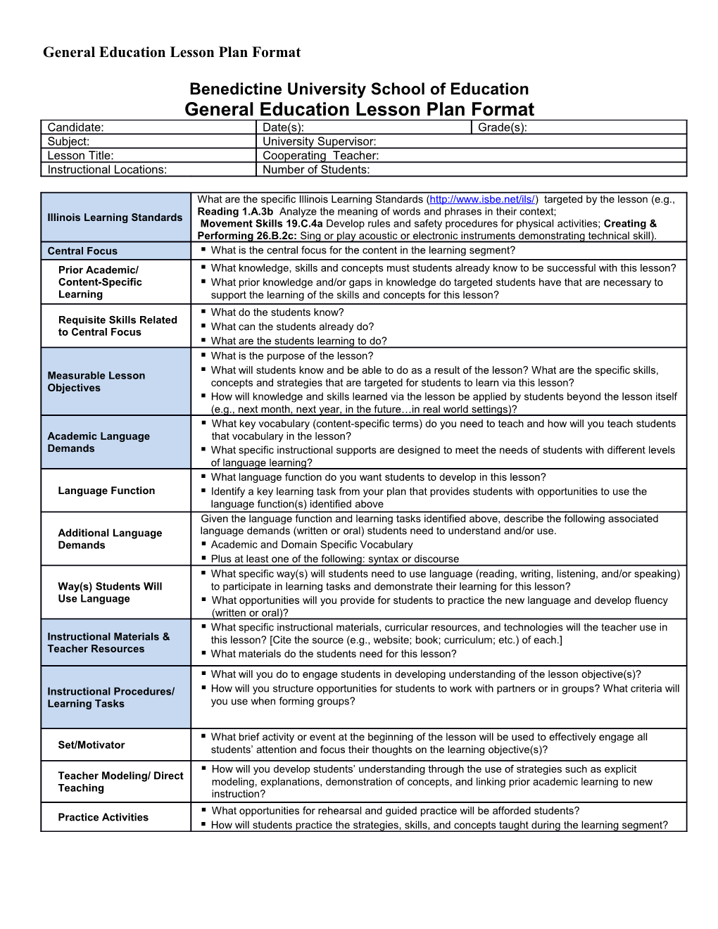 General Education Lesson Plan Format