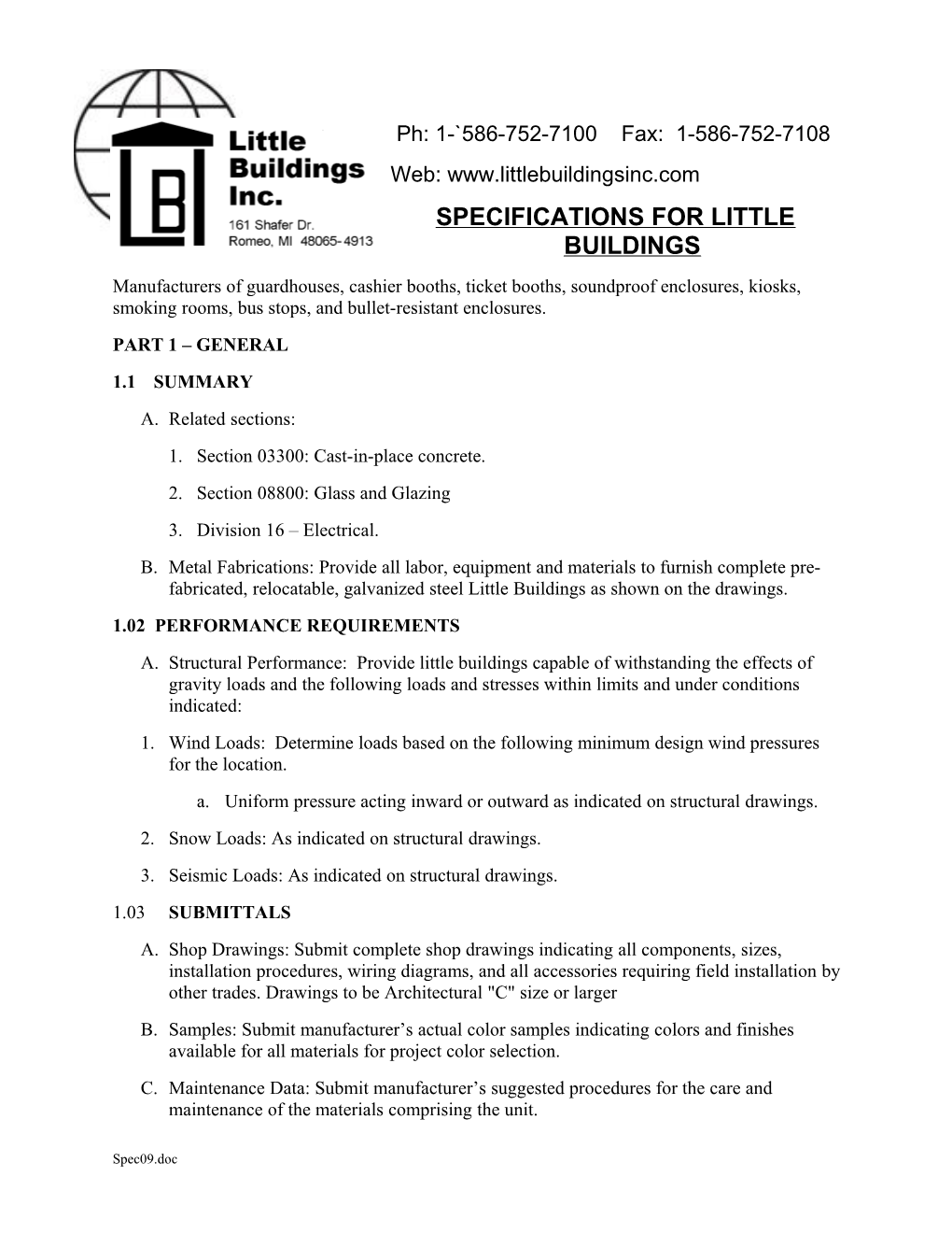 Specifications for Little Buildings