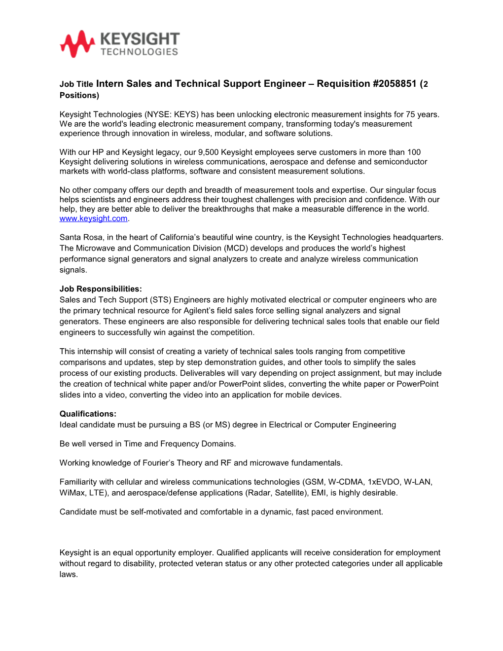 Job Titleintern Sales and Technical Support Engineer Requisition #2058851 (2 Positions)