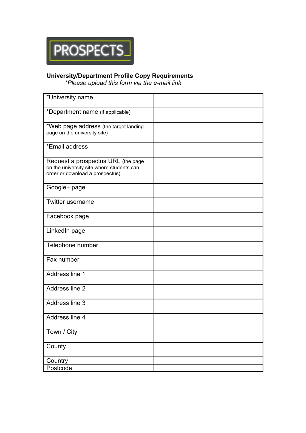 University/Department Profile Copy Requirements