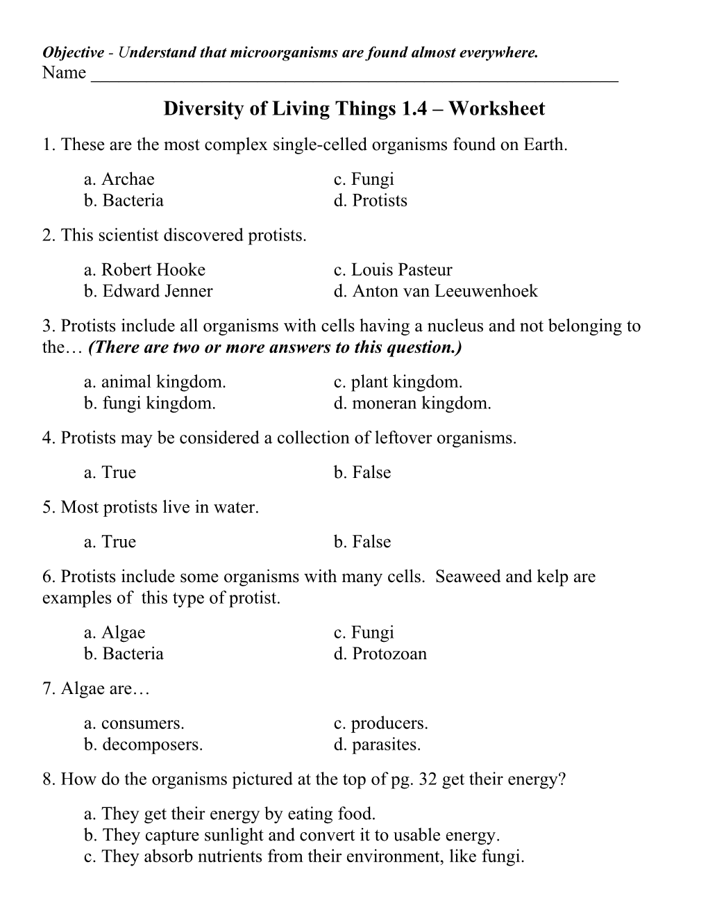 Diversity of Living Things 1.4 Worksheet