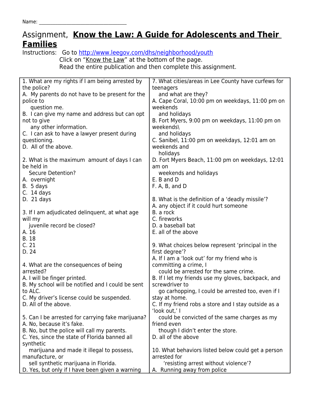 Know the Law Worksheet