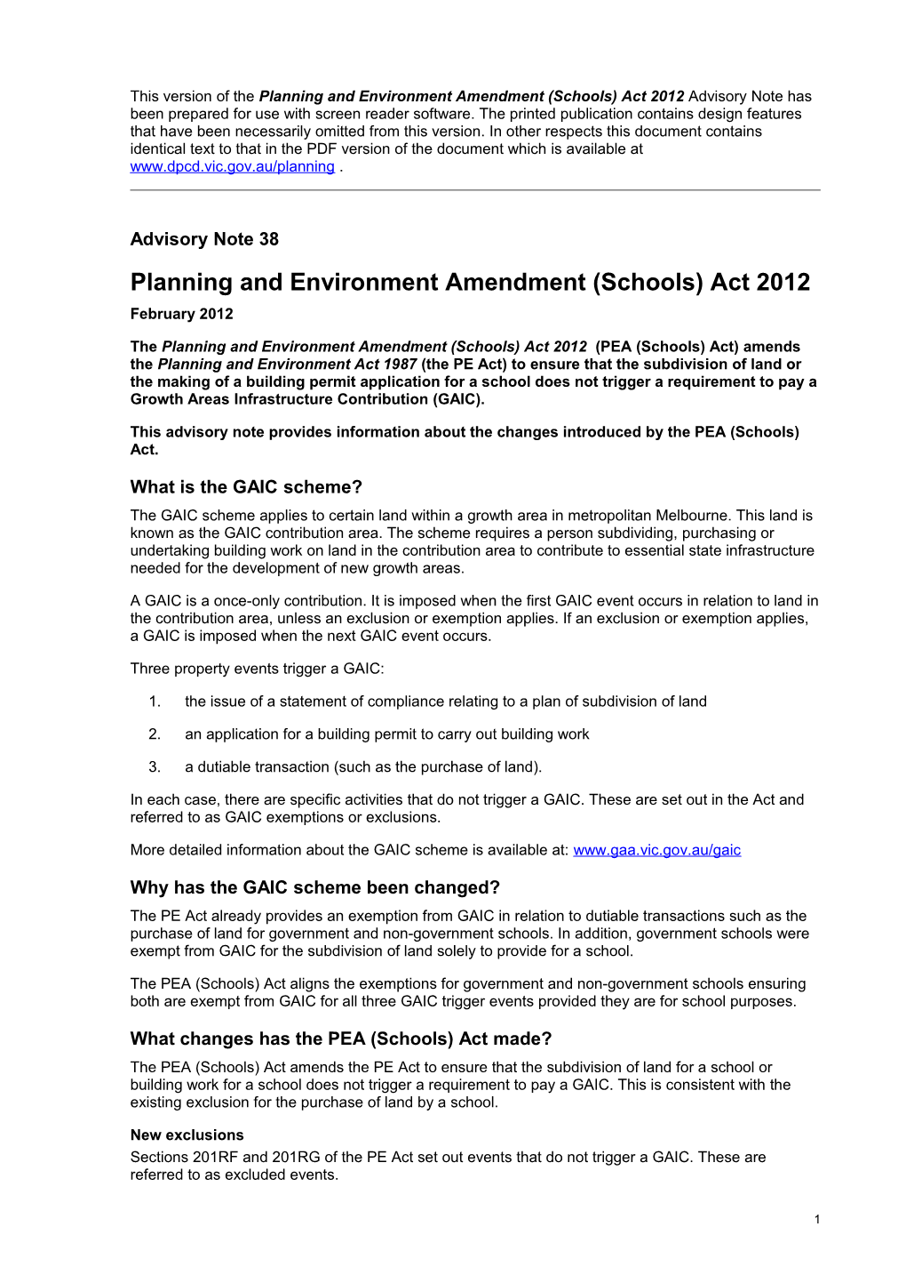 Planning and Environment Amendment (Schools) Act 2012 Advisory Note