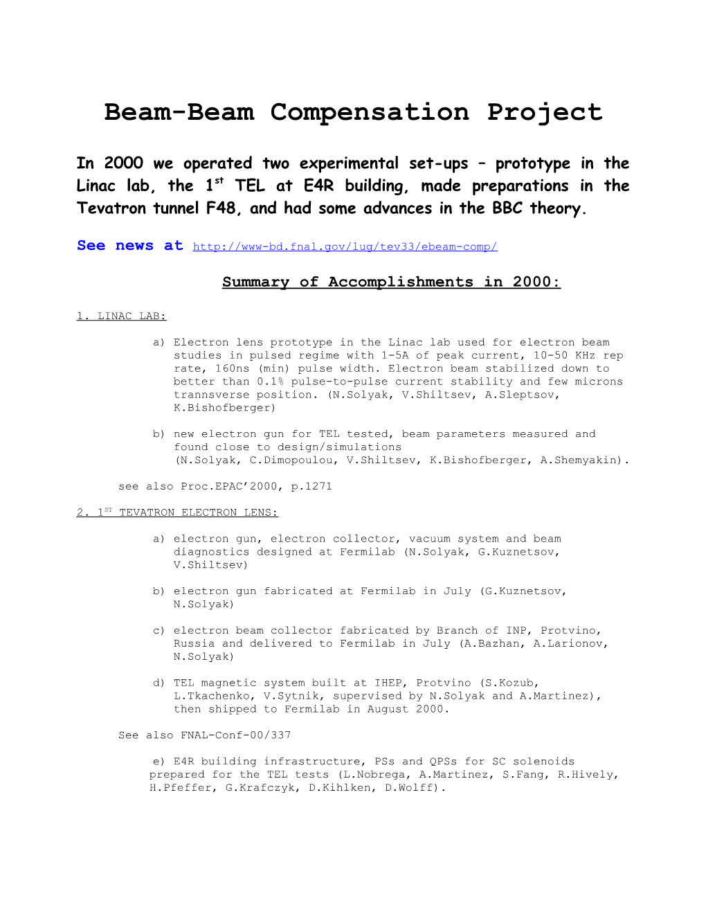 Beam-Beam Compensation Project