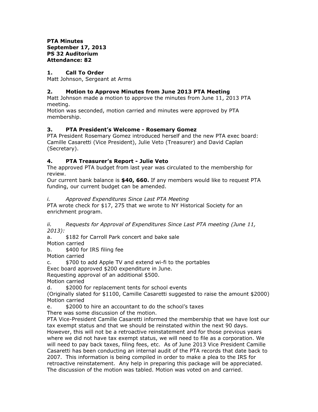 2.Motion to Approve Minutes from June 2013 PTA Meeting