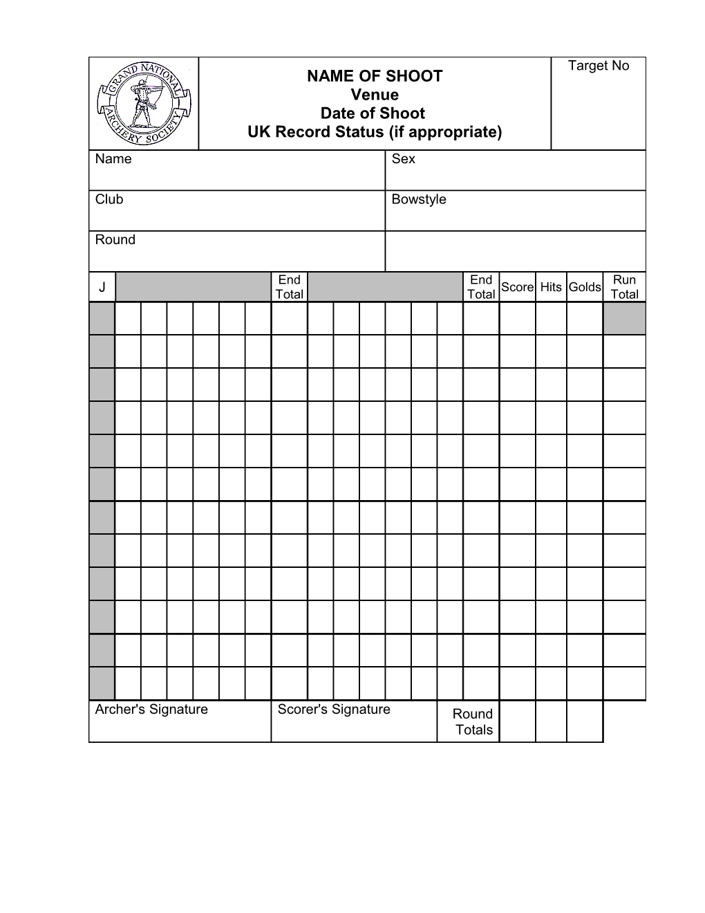 Sample Scoresheets Target Archery Gnas Imperial Rounds