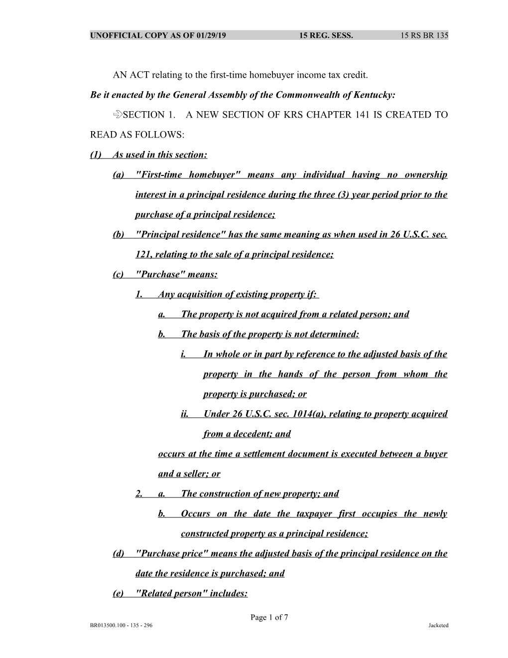 AN ACT Relating to the First-Time Homebuyer Income Tax Credit