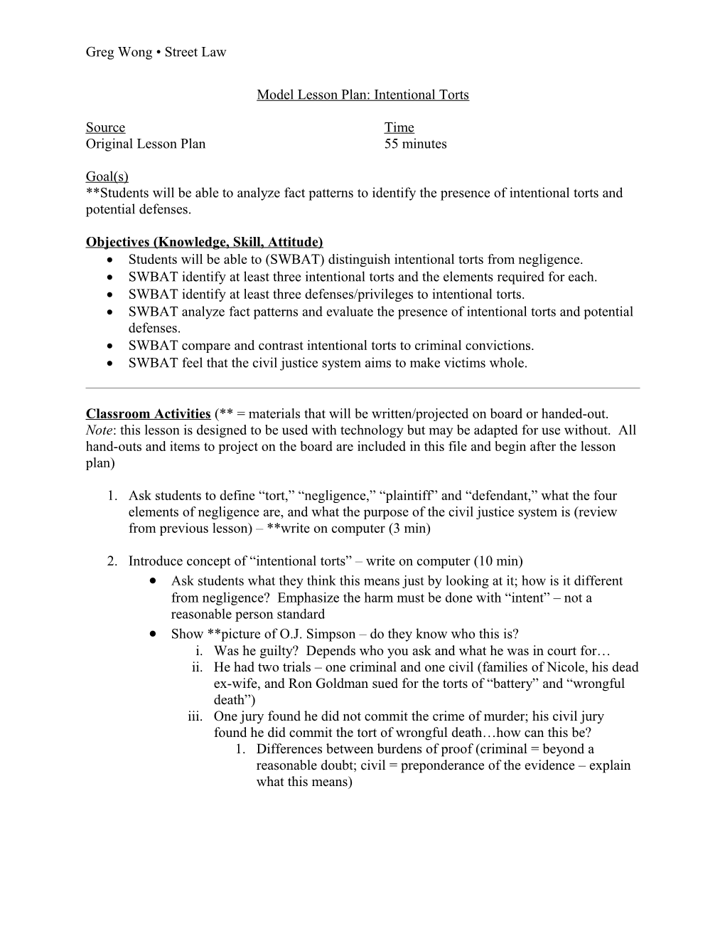 Model Lesson Plan: Intentional Torts