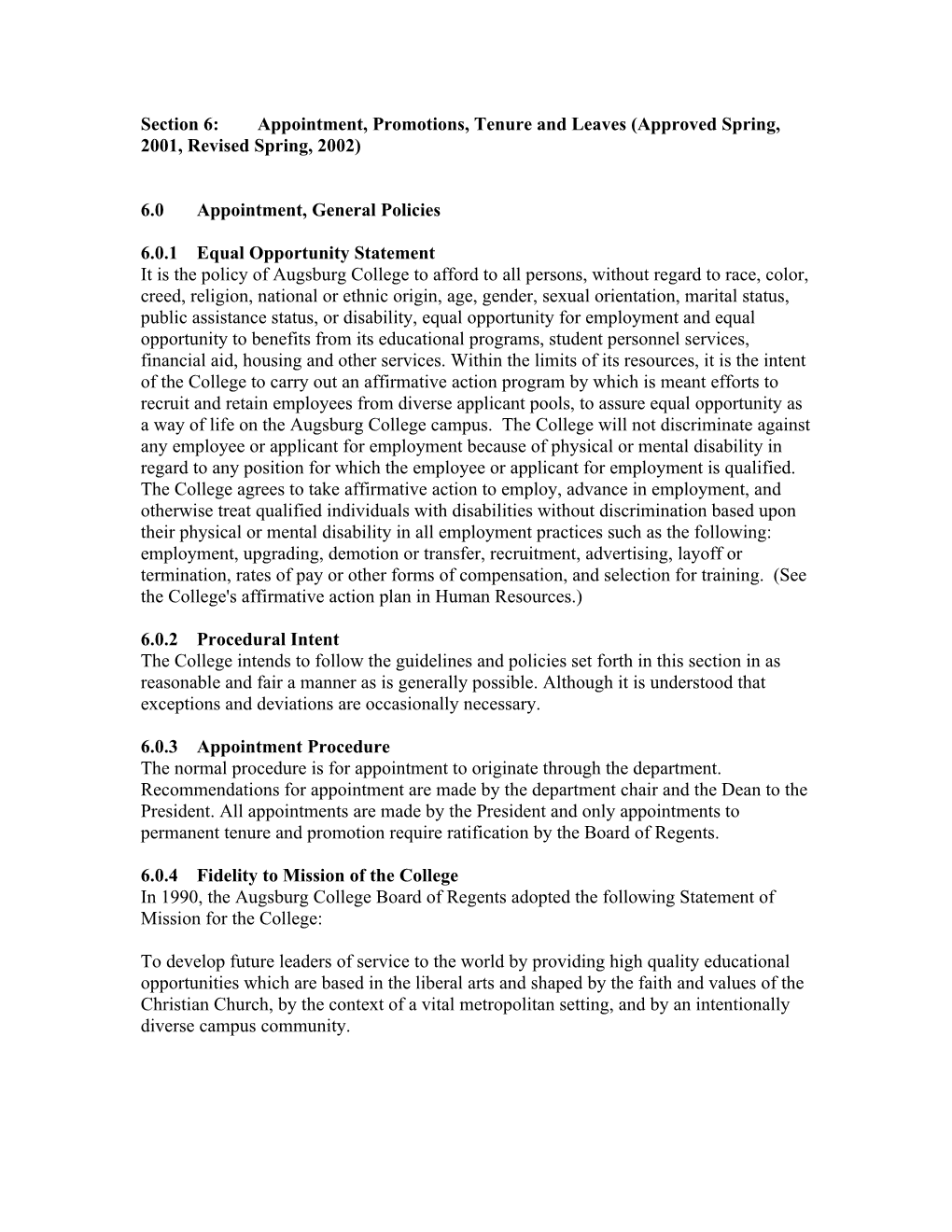 Section 6: Appointment, Promotions, Tenure and Leaves (Approved Spring, 2001, Revised