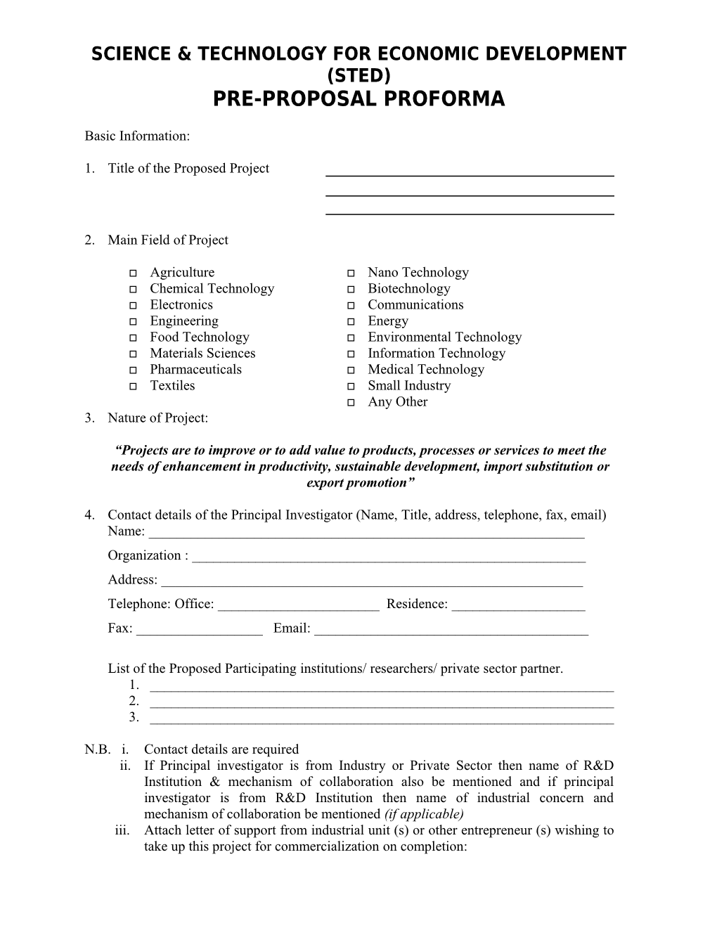 STED Pre-Proposal Proforma of Most
