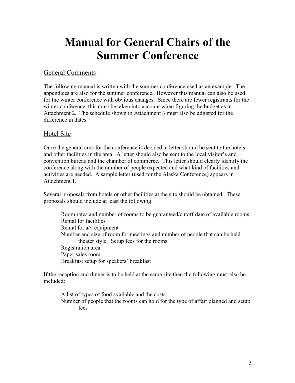 Manual for General Chairs of the Summer Conference