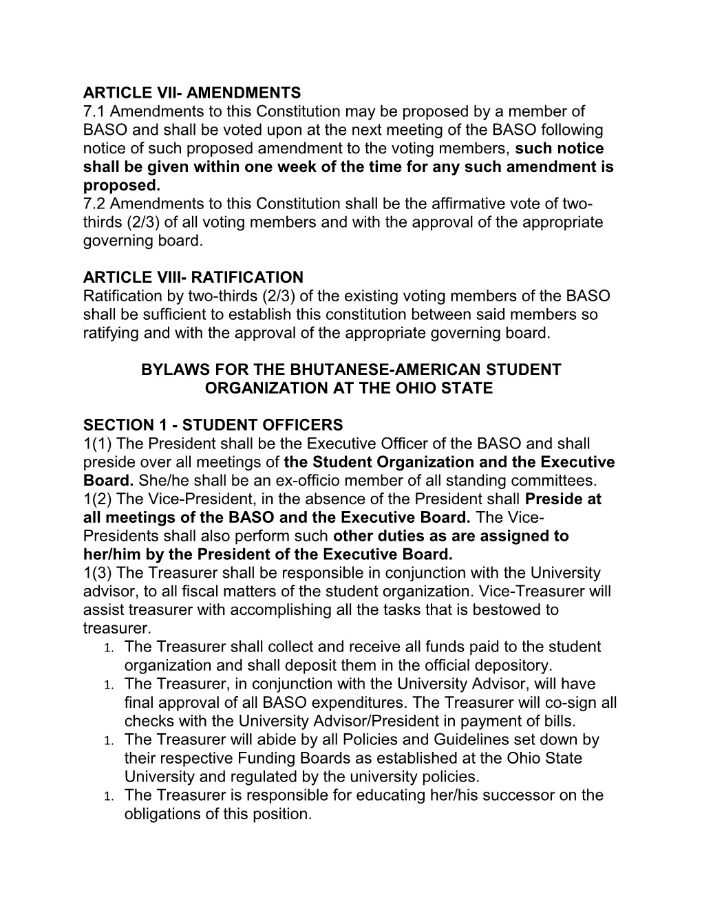 Constitution for the Bhutanese-American Student Organization and Bylaws