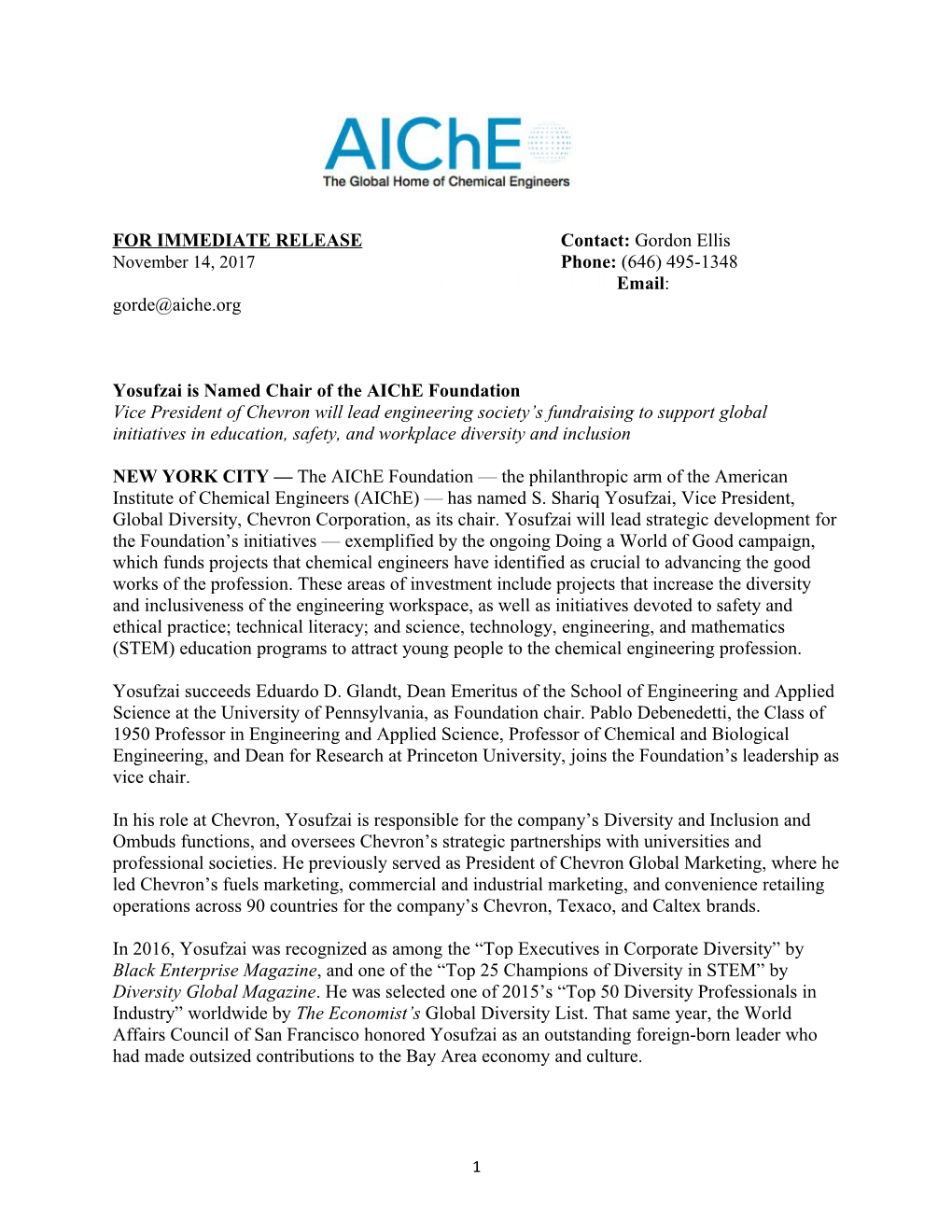 Yosufzai Is Named Chair of the Aiche Foundation
