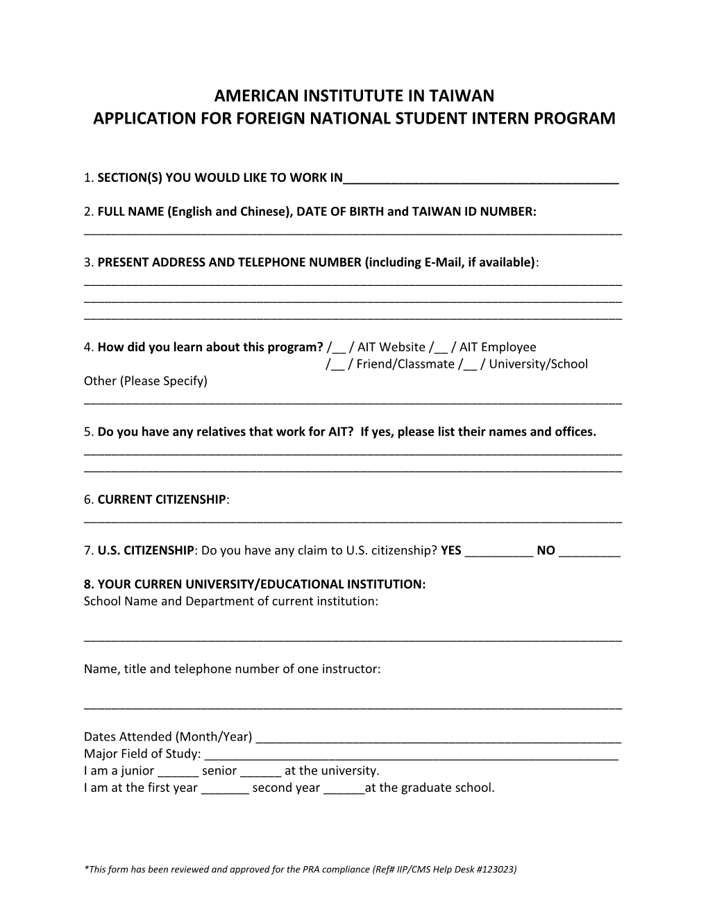 Application for Foreign Nationalstudent Intern Program
