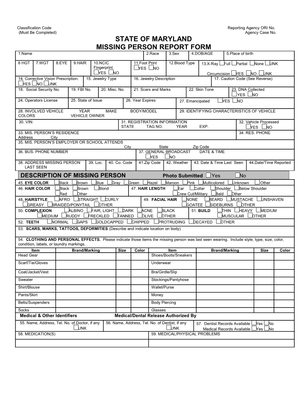 Maryland Uniform Missing Person Report Form