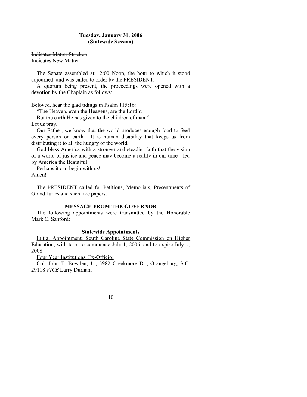 Senate Journal for Jan. 31, 2006 - South Carolina Legislature Online