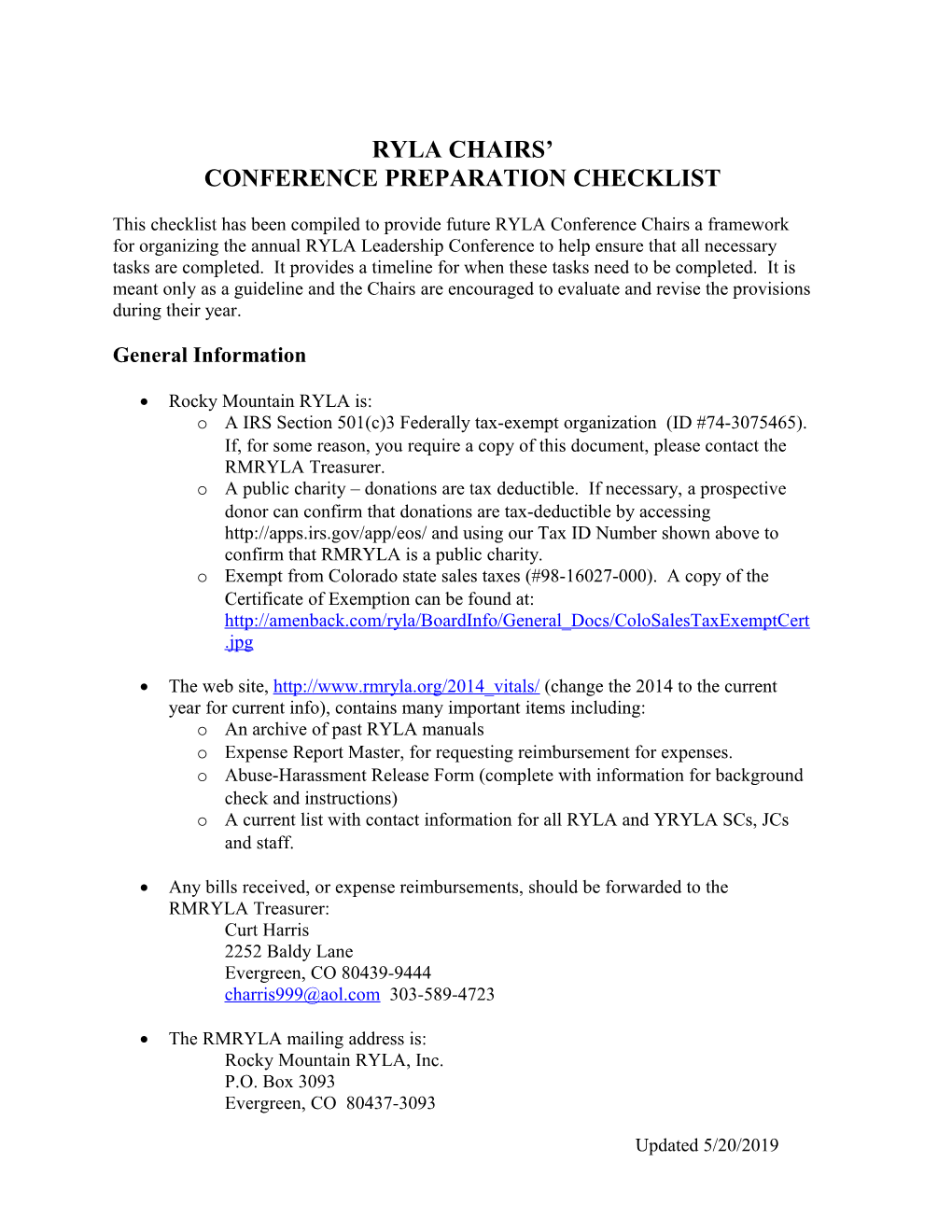 Ryla 2003 Chair Responsibilities