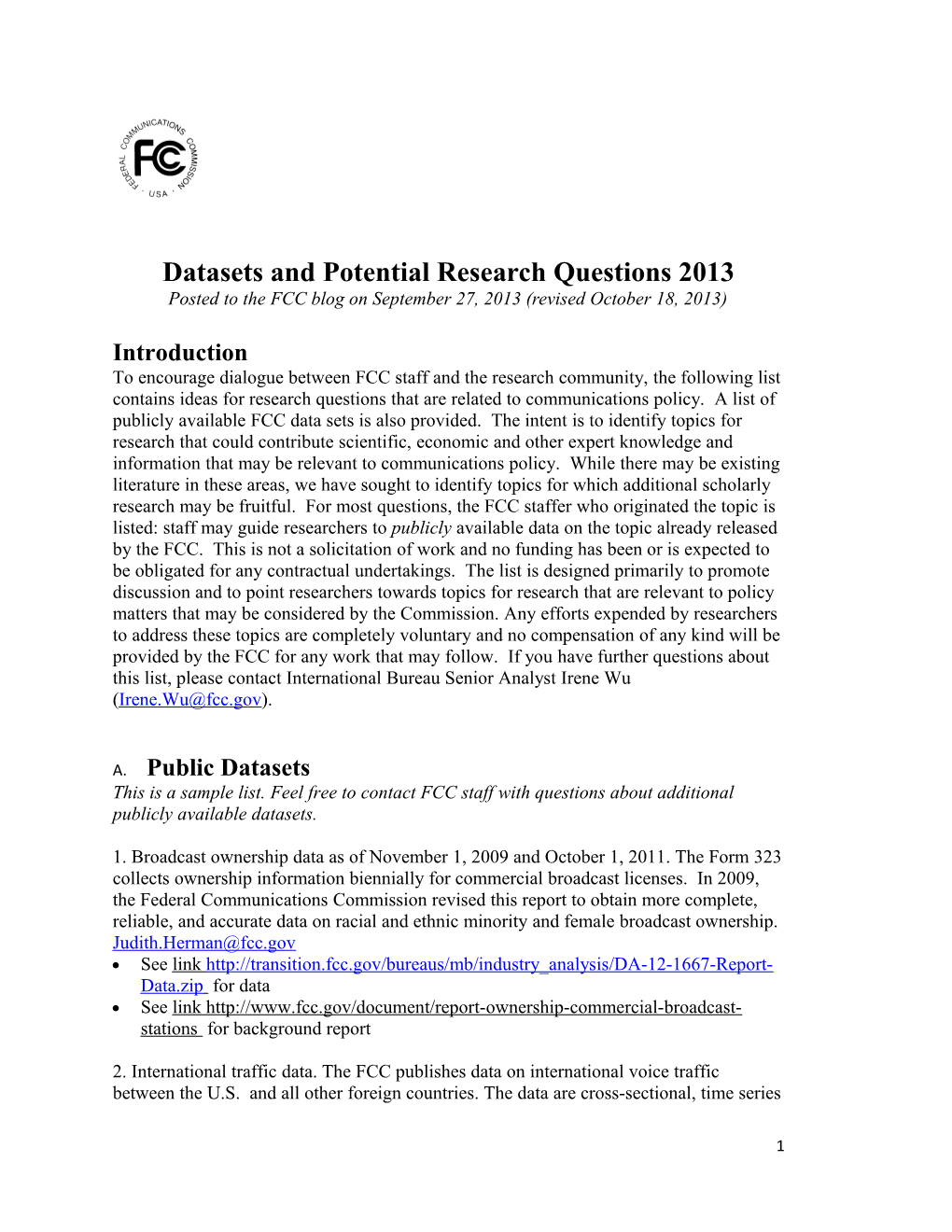 Datasets and Potential Research Questions 2013