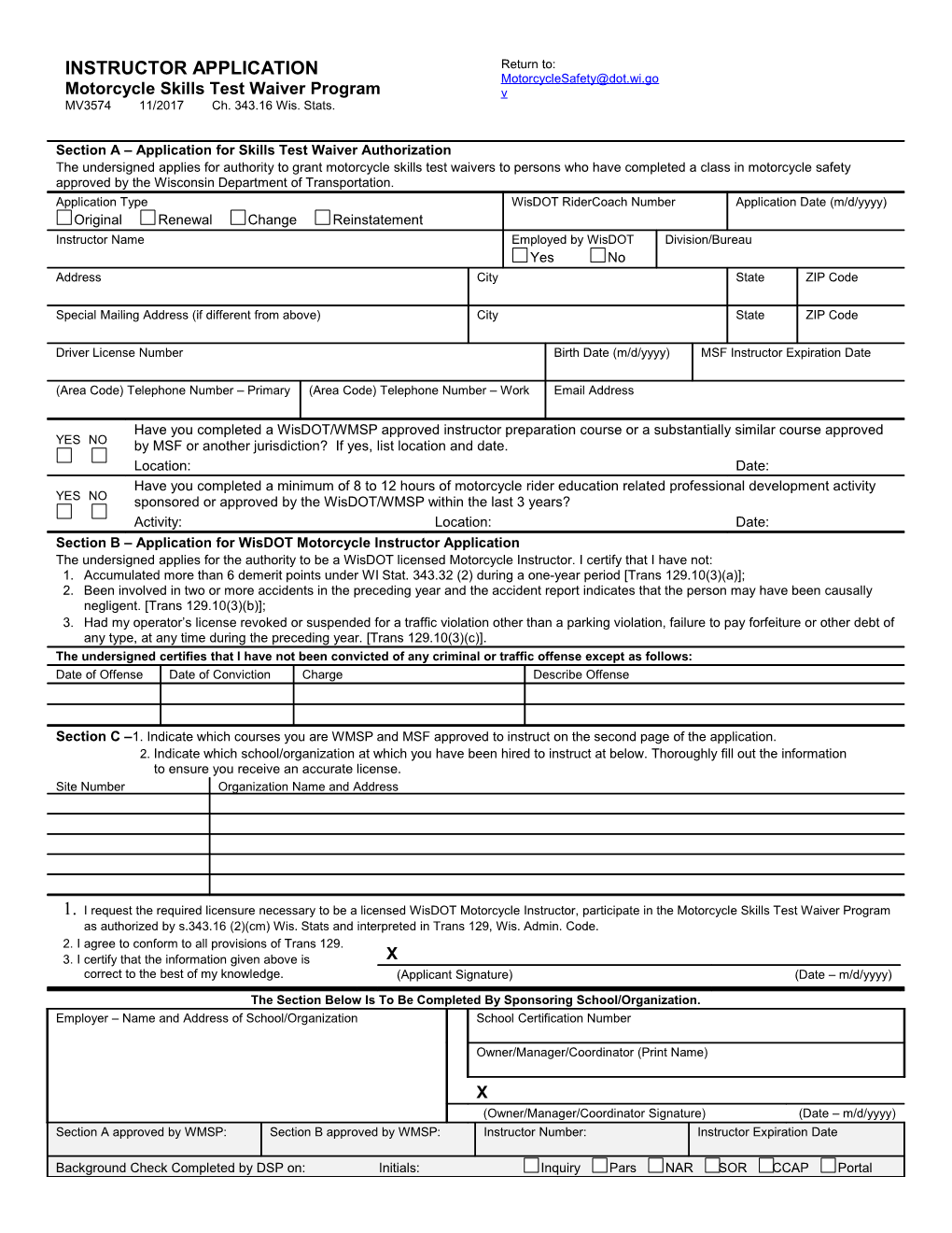 MV3574 Instructor Application - Motorcycle Skills Test Waiver Program