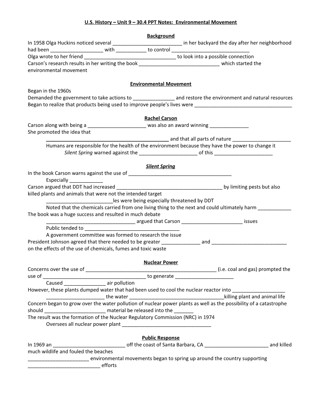 U.S. History Unit 9 30.4 PPT Notes: Environmental Movement