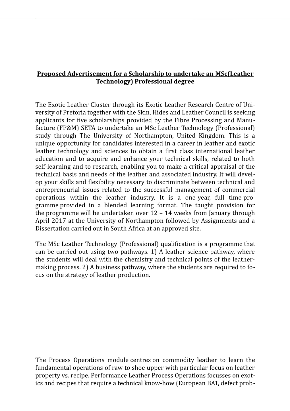 Proposed Advertisement for a Scholarship to Undertake an Msc(Leather Technology) Professional