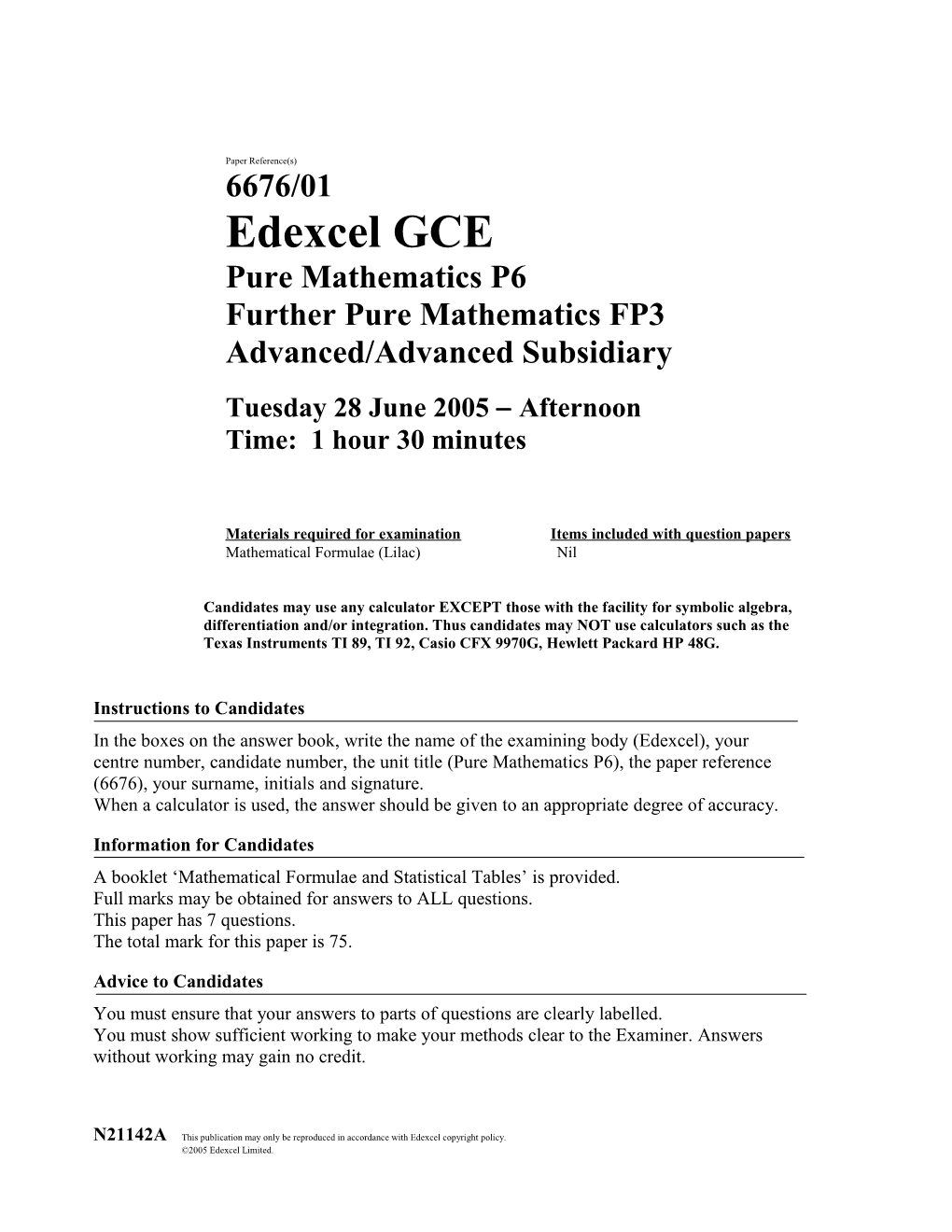 June 2005 - 6676 Pure P6 and Further Pure FP3 - Question Paper