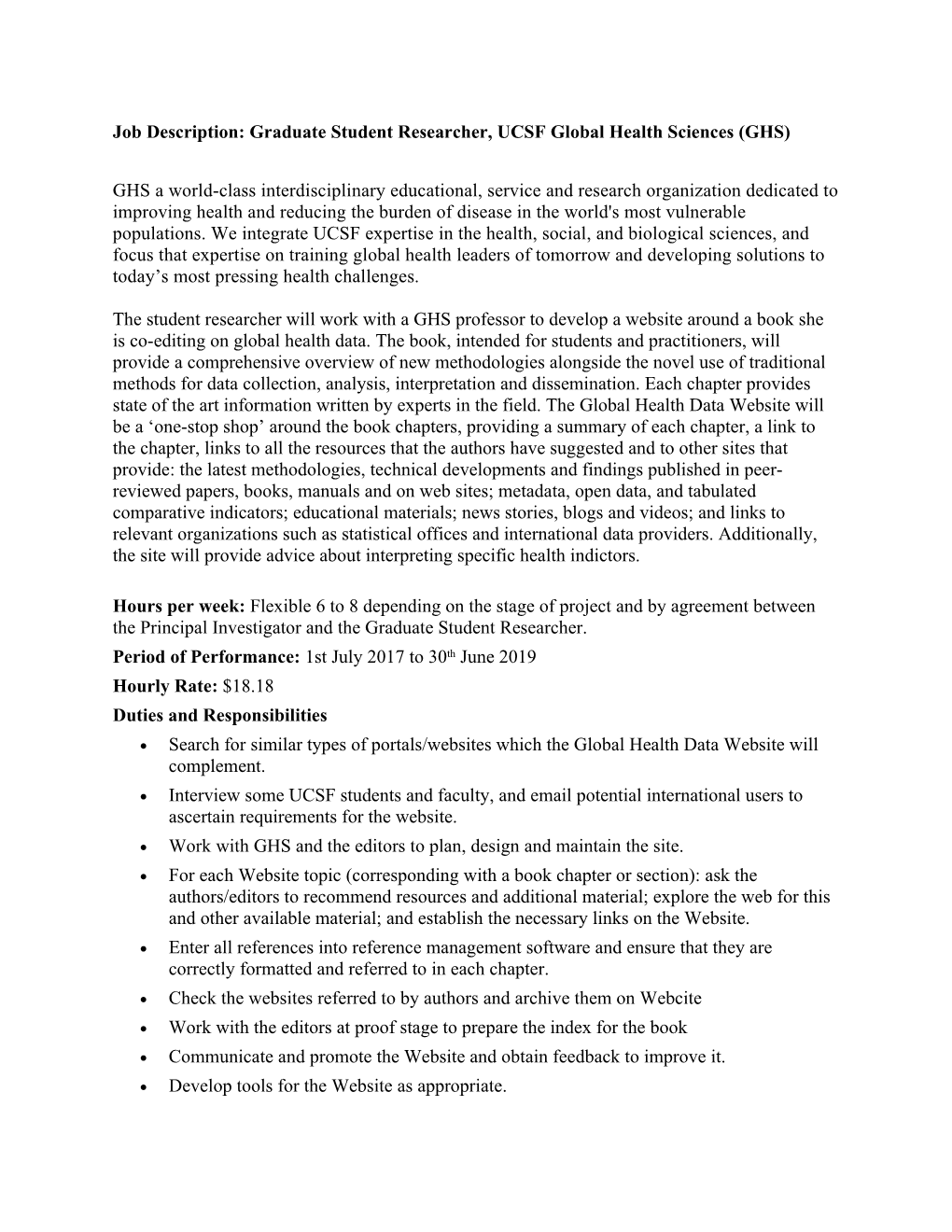 Job Description: Graduate Student Researcher, UCSF Global Health Sciences (GHS)
