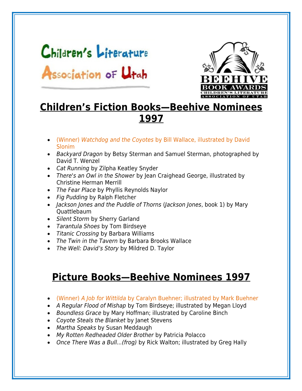 Children S Fiction Books Beehive Nominees 1997