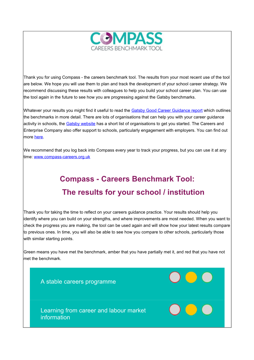 Compass - Careers Benchmark Tool:The Results for Your School / Institution