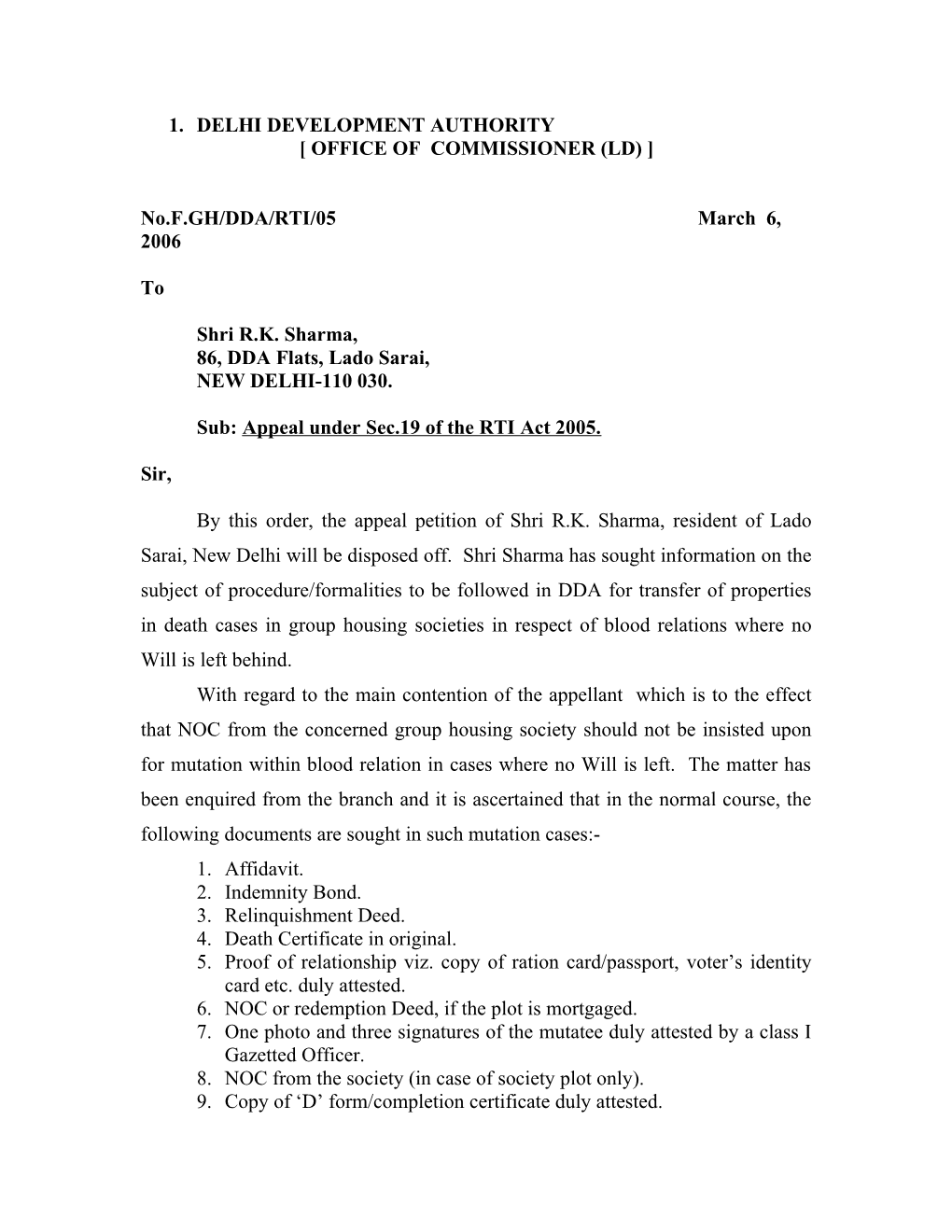 Sub: Appeal Under Sec.19 of the RTI Act 2005