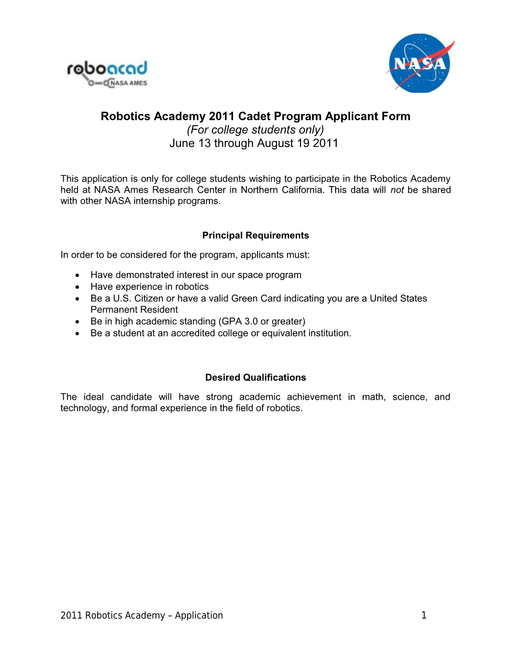 Robotics Academy 2011 Cadet Program Applicant Form