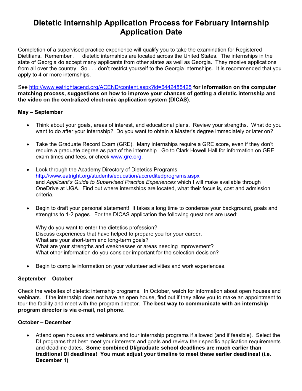 Dietetic Internship Application Process in Preparation for February Internship Application Date