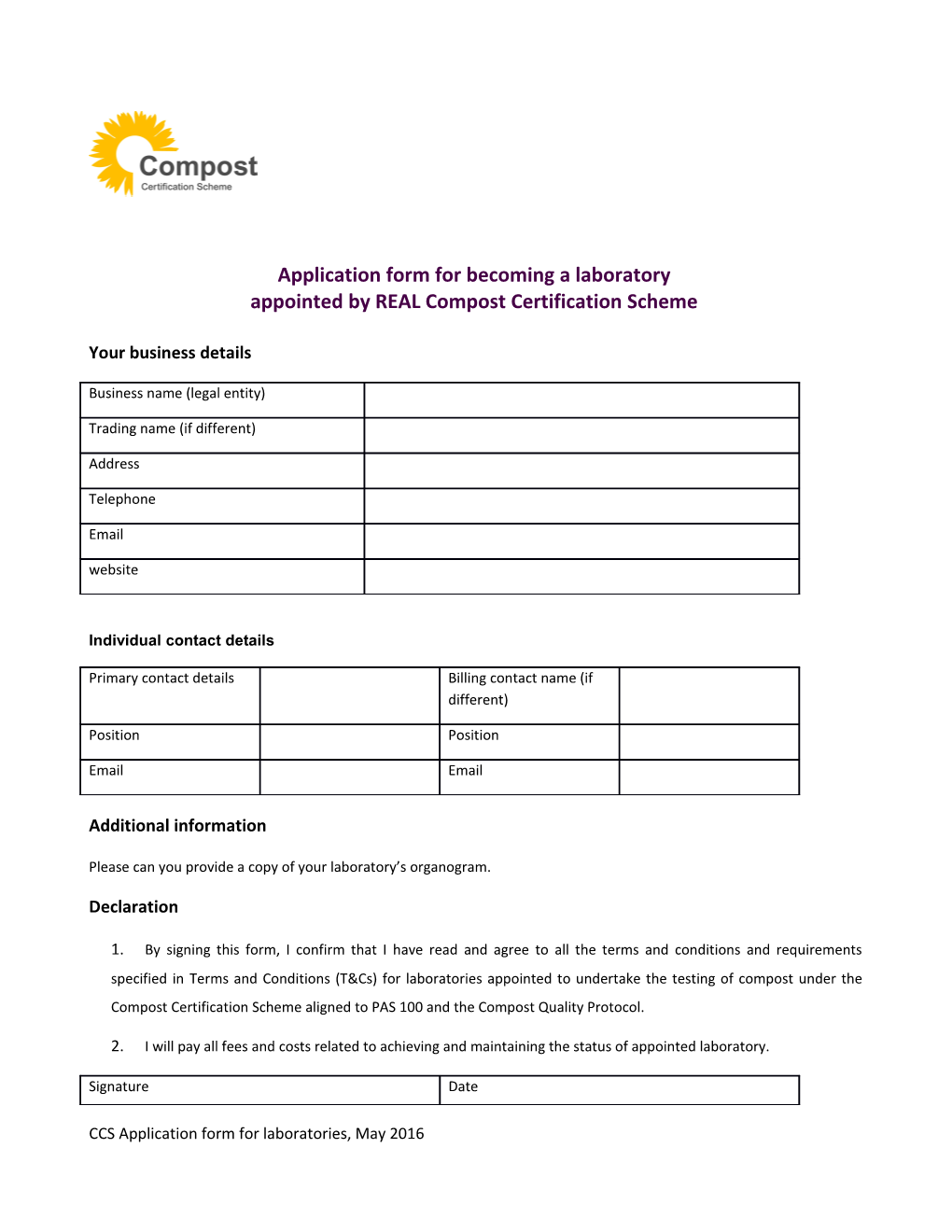 Application Form for Becoming a Laboratory Appointed by REAL Compost Certification Scheme
