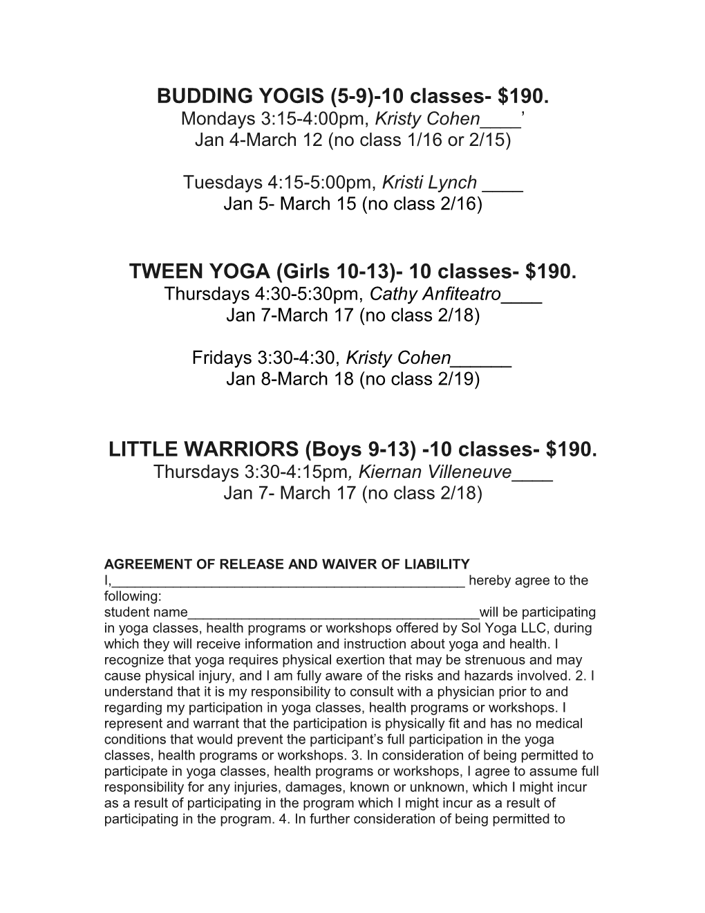Yoga Sol Kids Winter, 2016 Registration