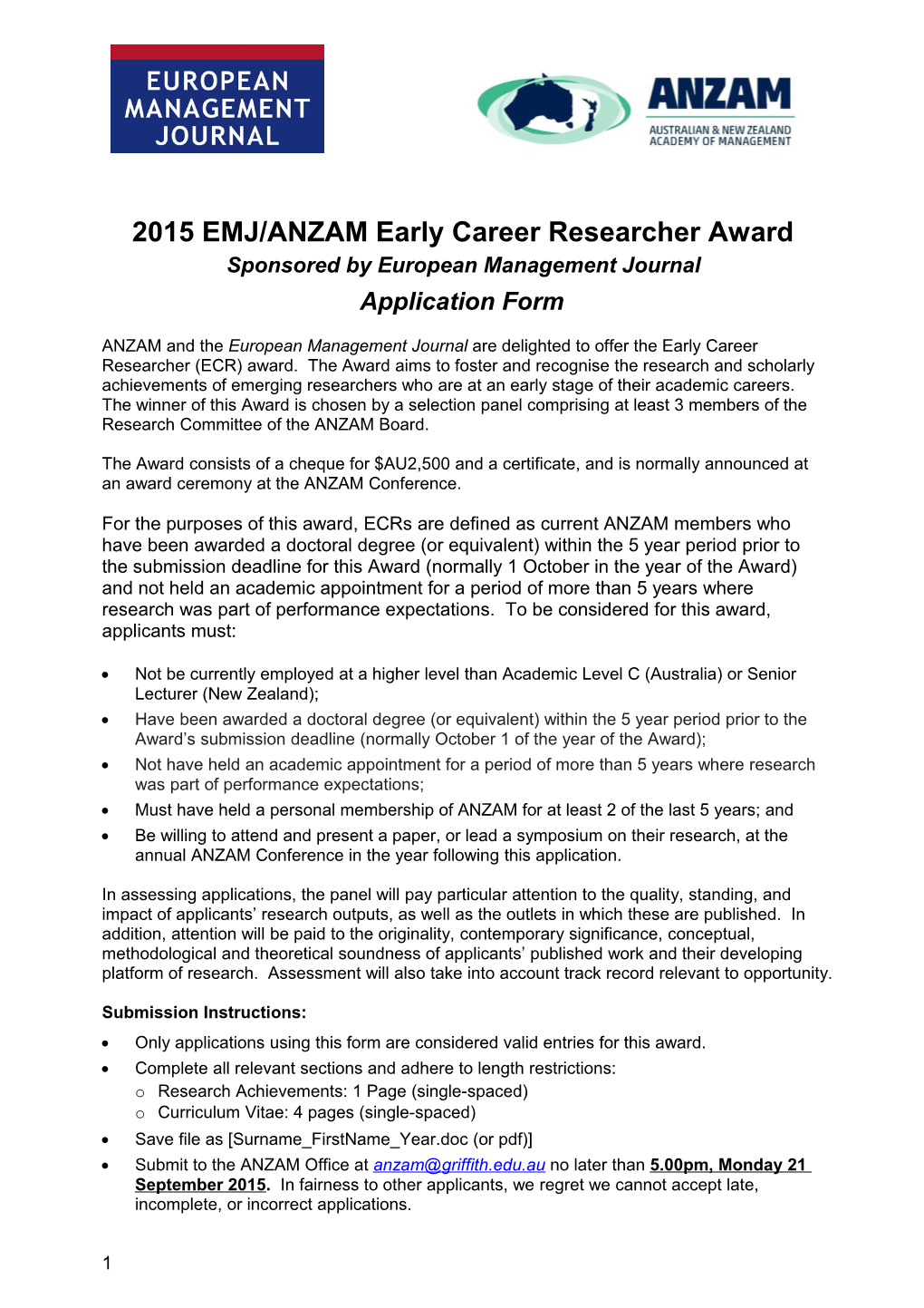 2015 EMJ/ANZAM Early Career Researcher Award