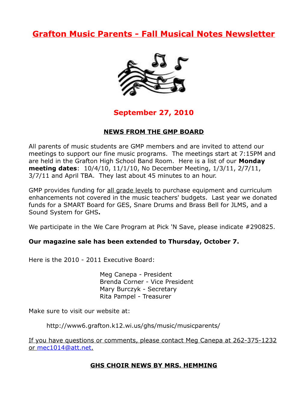 Grafton Music Parents - Fall Musical Notes Newsletter