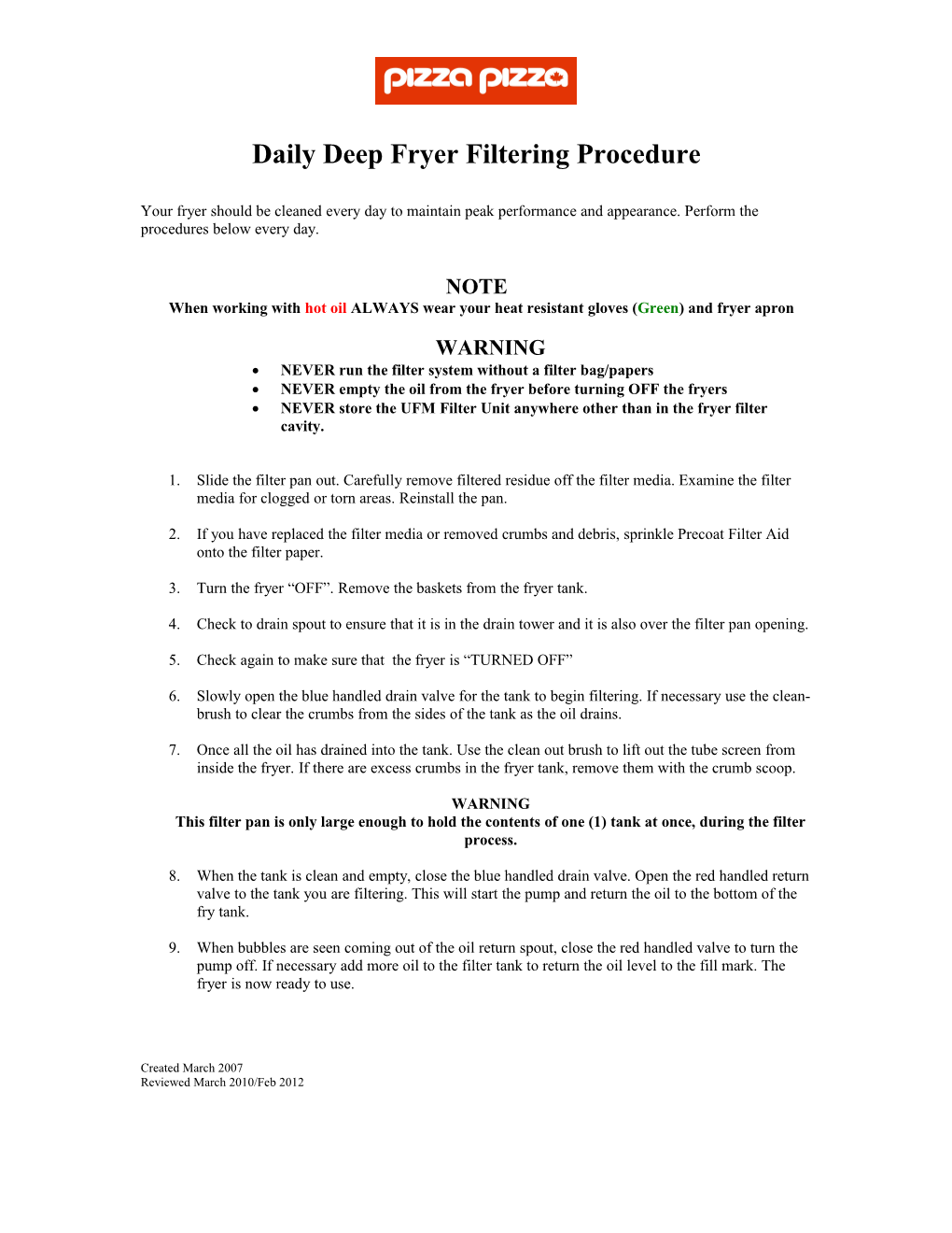 Daily Deep Fryer Filtering Procedure