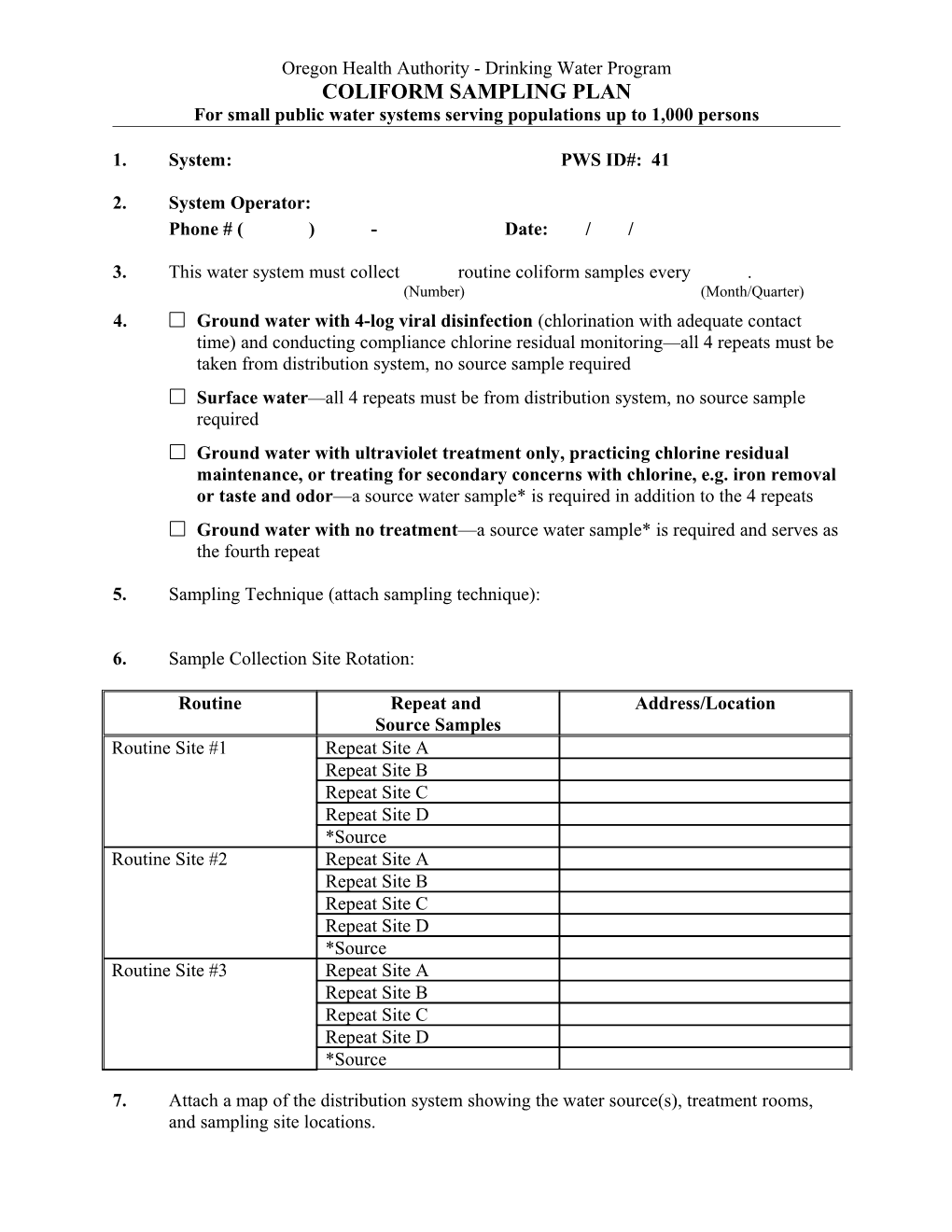 Coliform Sampling Plan Template for Small Public Water Systems Serving up to 1000 Persons