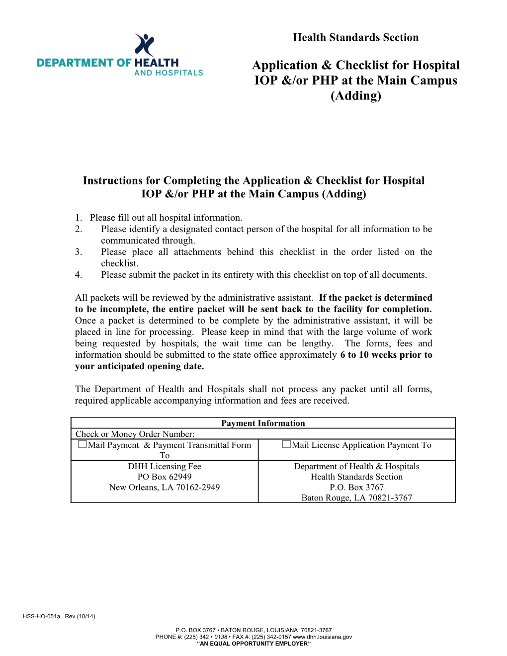 Application & Checklist for Hospital IOP &/Or PHP at the Main Campus (Adding)