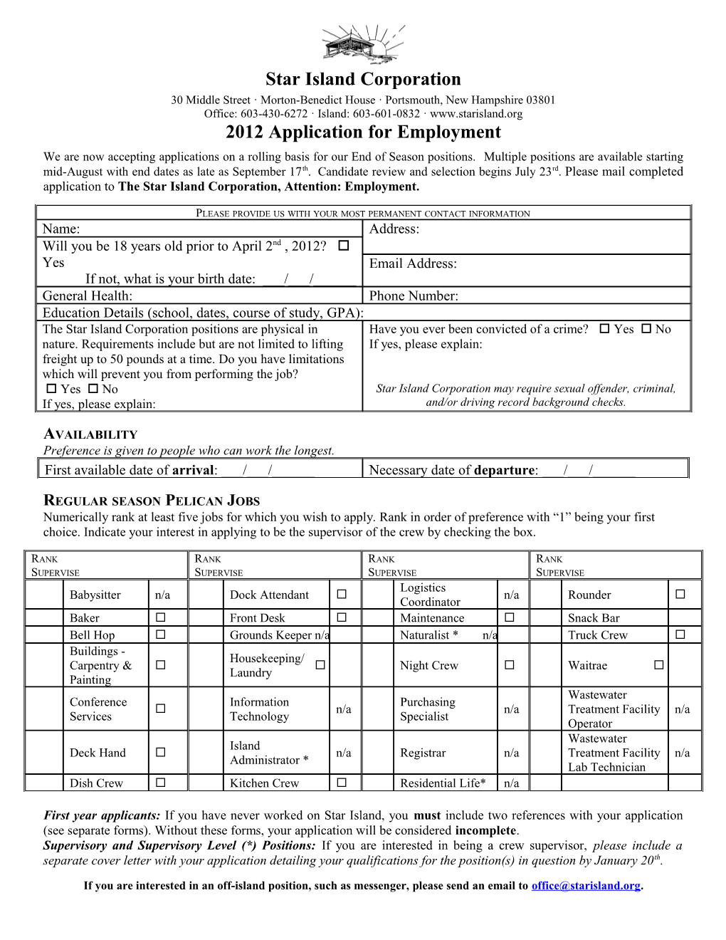 2001 Application for Employment at Star Island