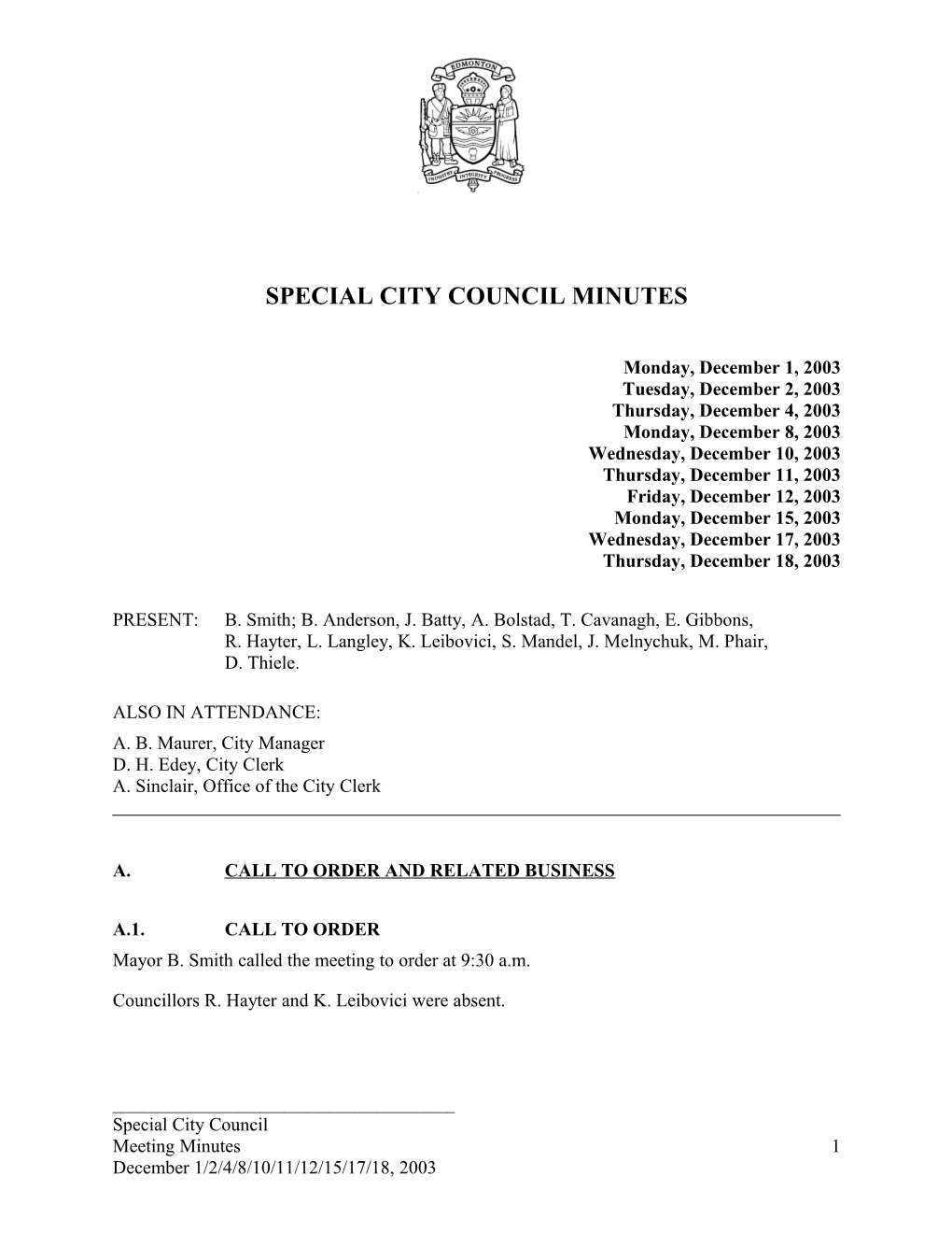 Minutes for City Council December 1, 2003 Meeting