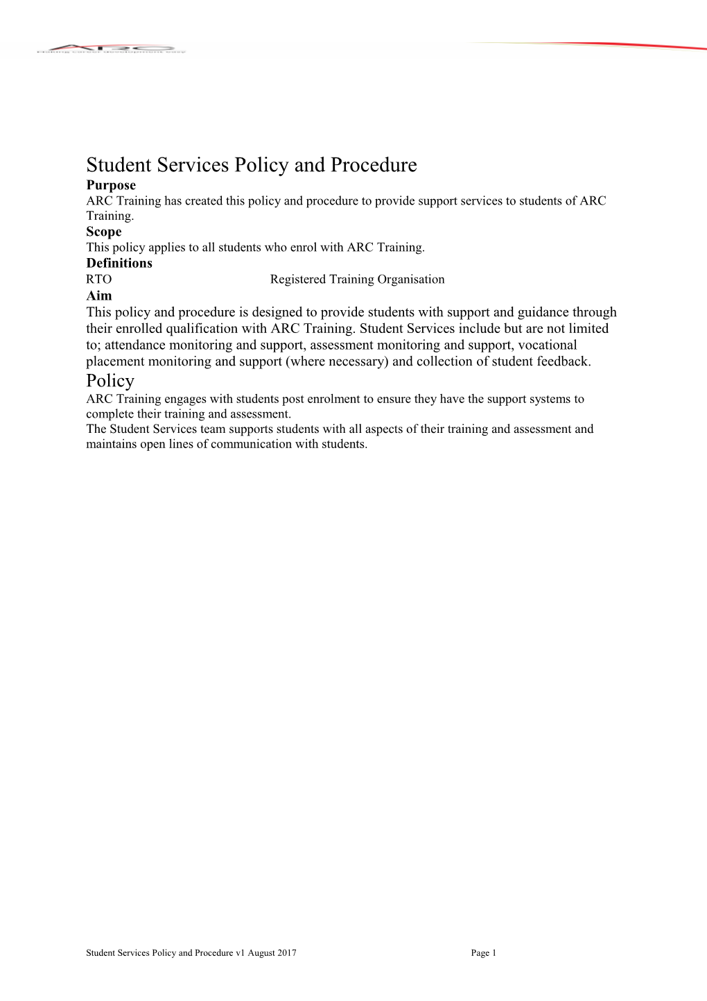 Student Services Policy and Procedure