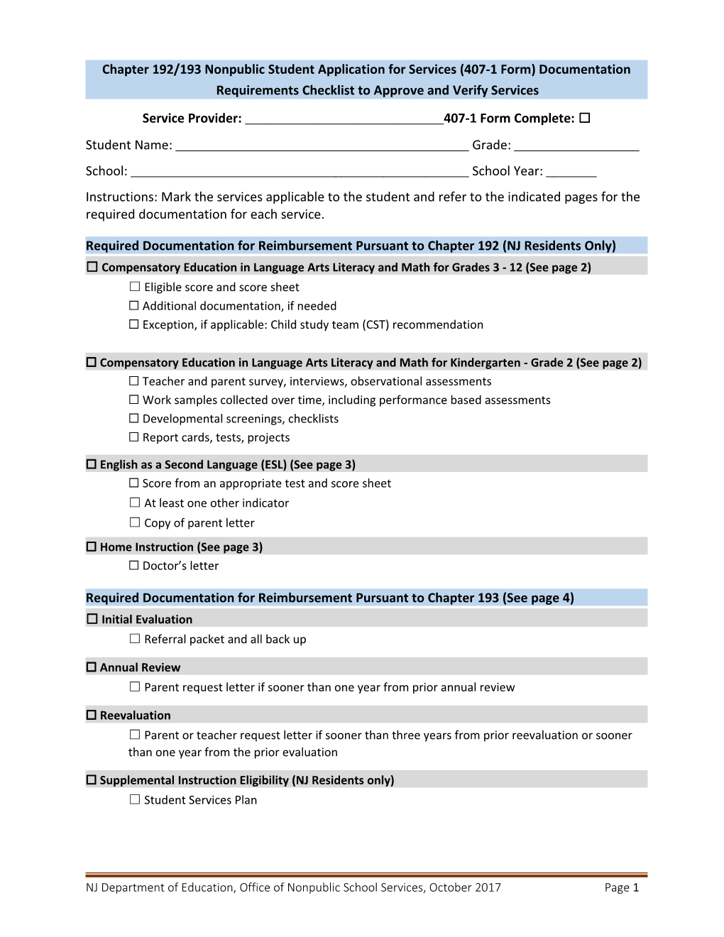 Chapter 192/193 Nonpublic Student Application for Services (407-1 Form) Documentation